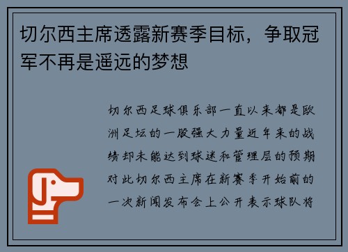 切尔西主席透露新赛季目标，争取冠军不再是遥远的梦想